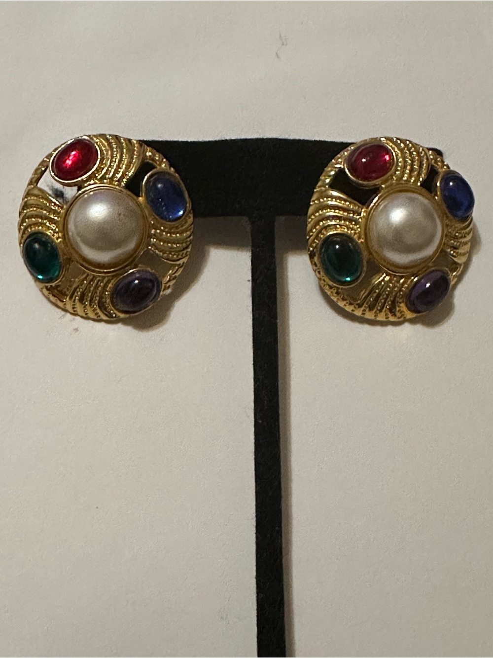 Gold-Tone Multicolor Cabochon & Pearl Button Earrings